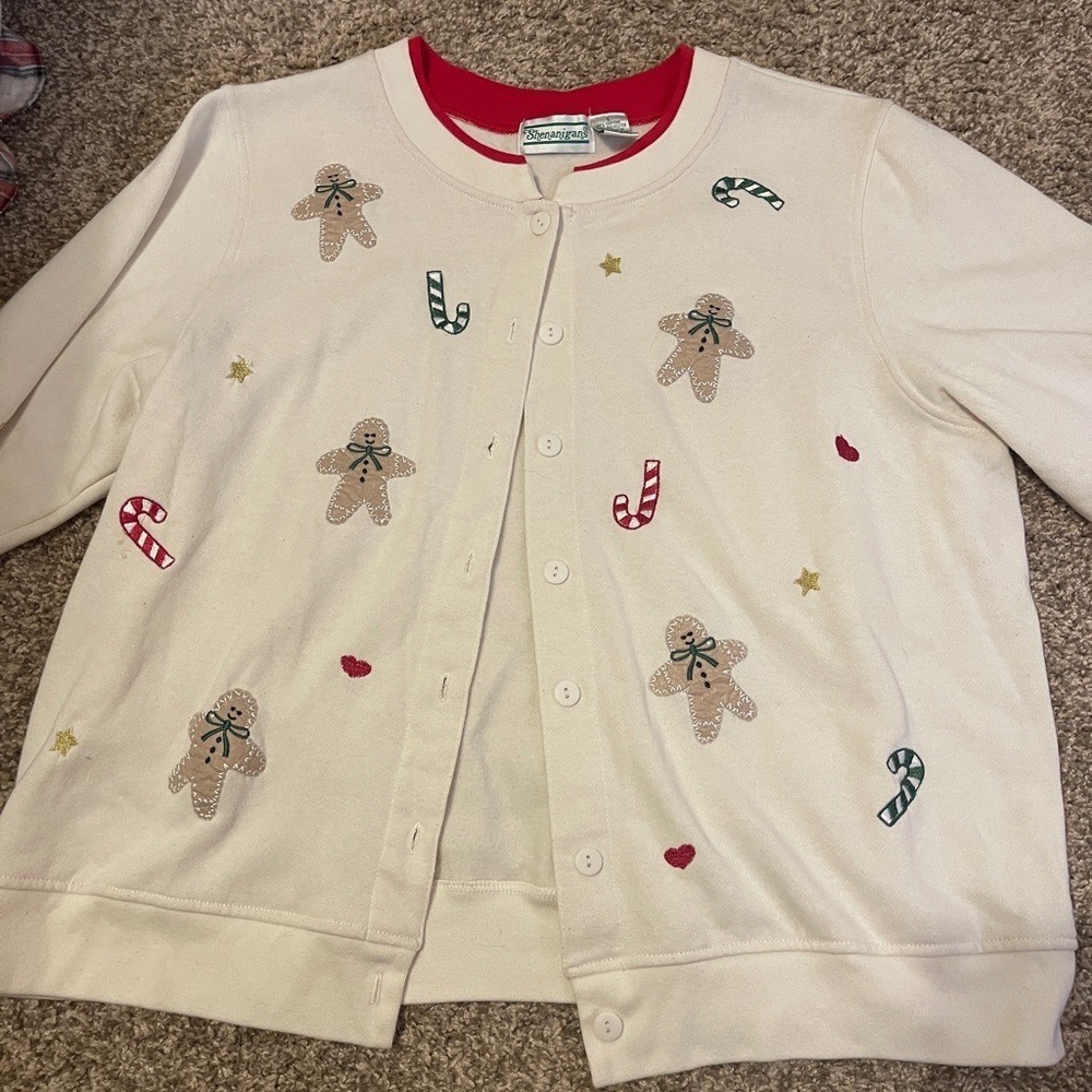 Vintage Cream Cardigan candy cane gingerbread Embroidery L cottage core grandma - Picture 2 of 9